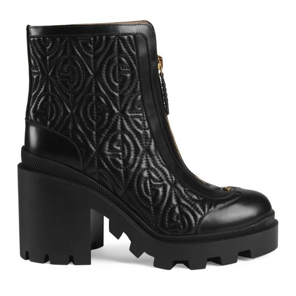 Women's Black G Rhombus Leather Mid-heel Ankle Boot - Picture 2 of 6